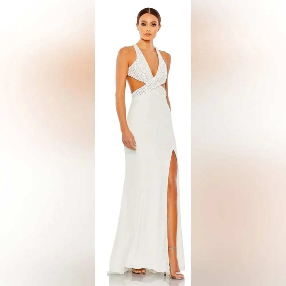 Mac Duggal FLORAL SEQUINED CRISS CROSS BODICE GOWN NWT size 4 white (68166)